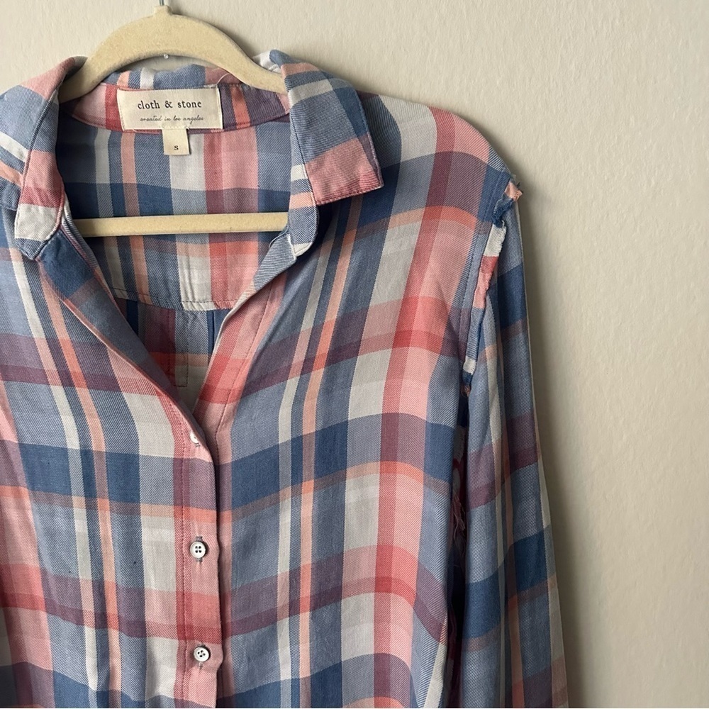 Anthropologie Cloth & Stone Western Frayed Plaid Buttondown Red and Blue Small - Picture 5 of 13